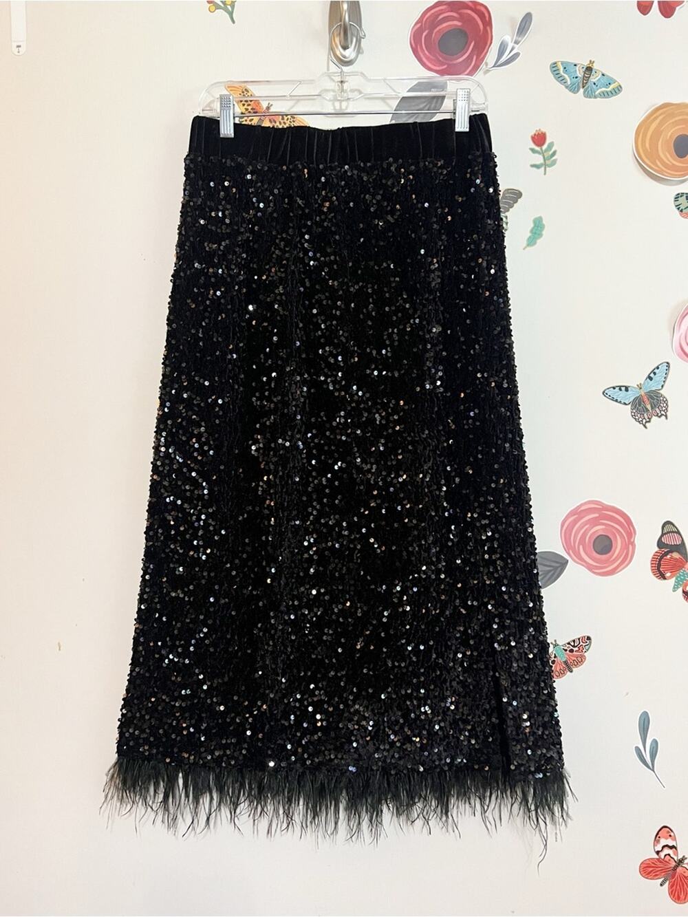 SHEIN Black Sequined Midi Skirt with Feather Hem XL ( 10-12US)